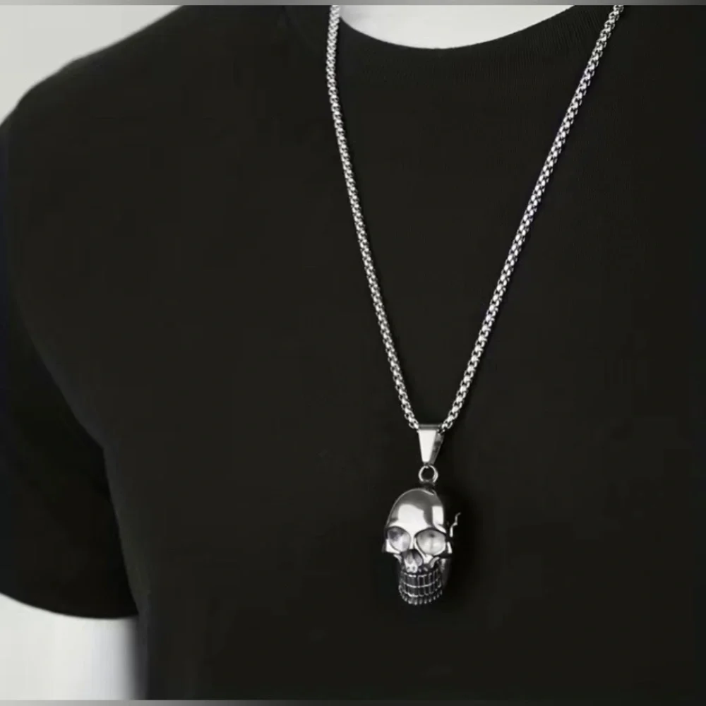 Skull Titanium Steel Silver Necklace Men Pendant Punk Biker Halloween